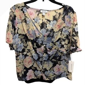 BRANNAN Women's Floral Print V-Neck Button Front Blouse Top XL